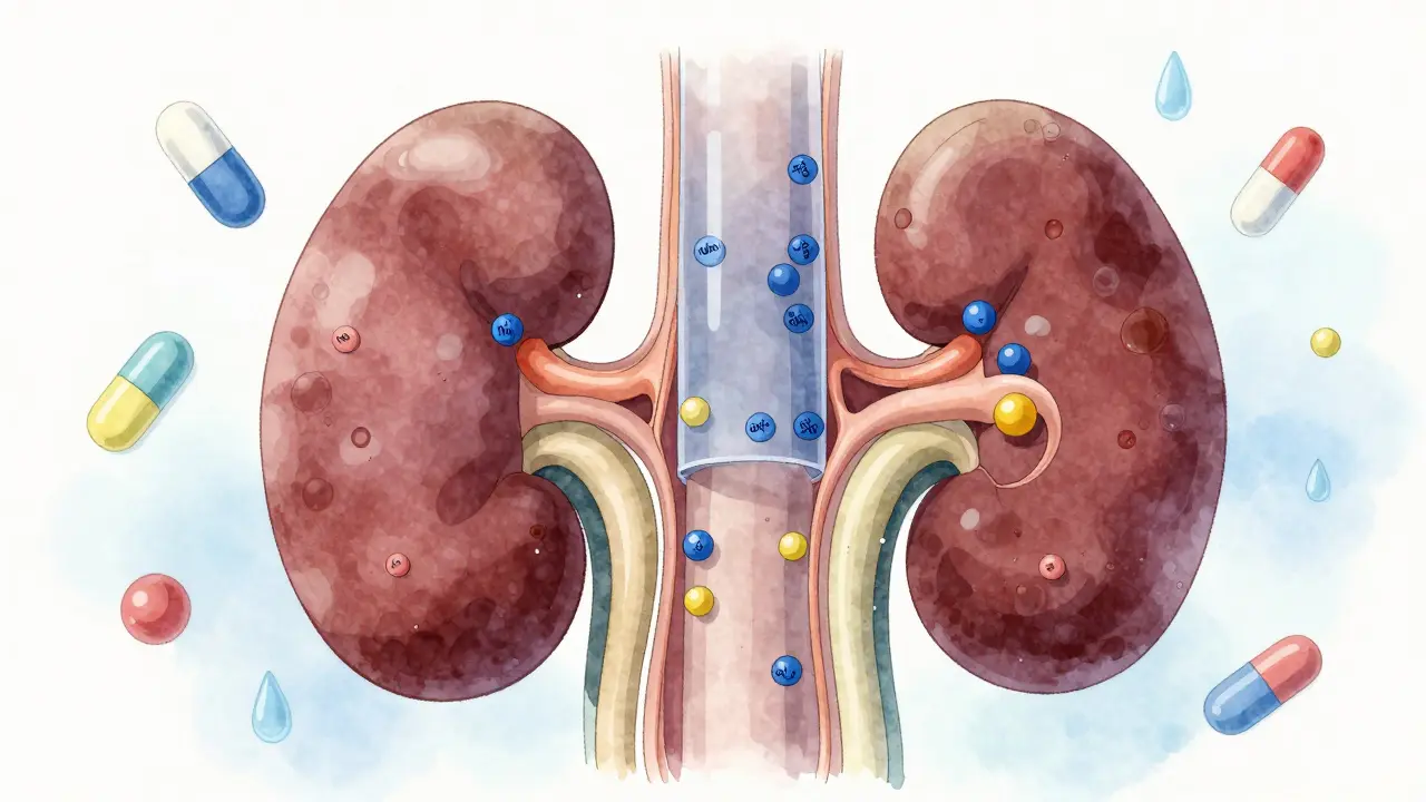 Munuaisten yksityiskohtainen kuvitus, jossa litium ja natrium kulkeutuvat suodatinrakenteissa, diureettien vaikutuksella.