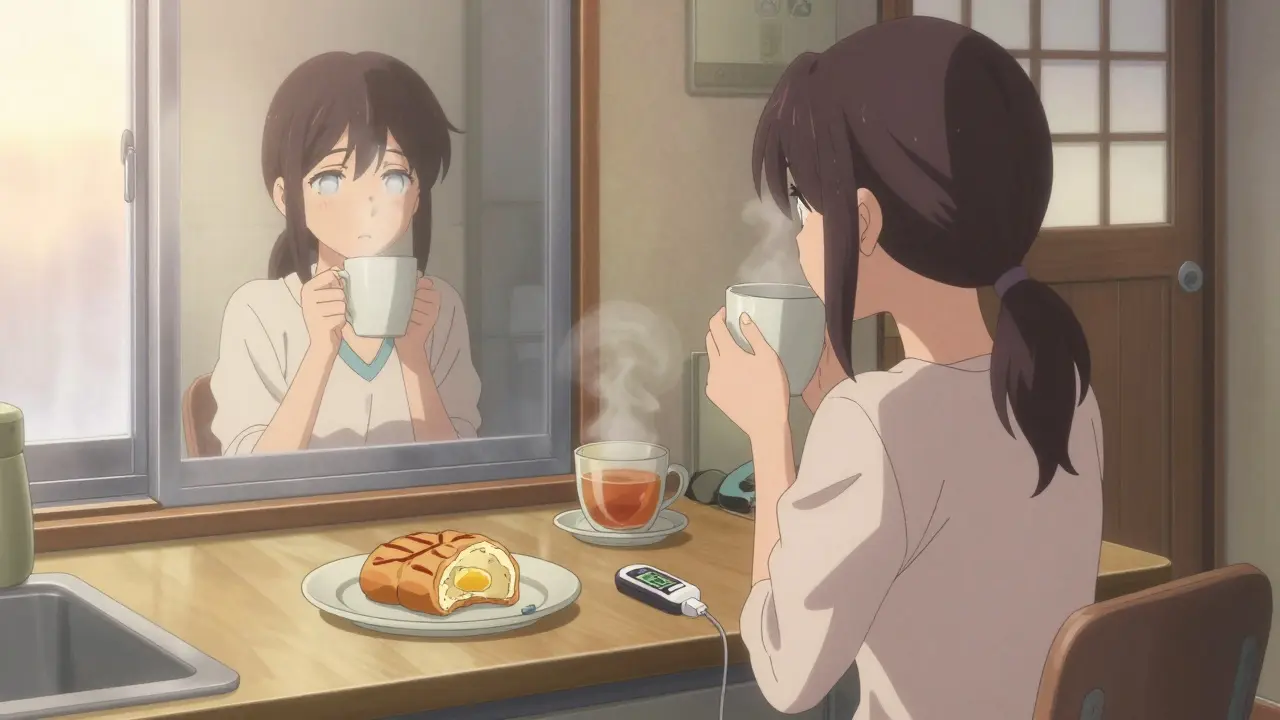 Nainen katsoo peiliin kahvijuoman peilissä, näkö on sumea, lähellä verensokerimittari.