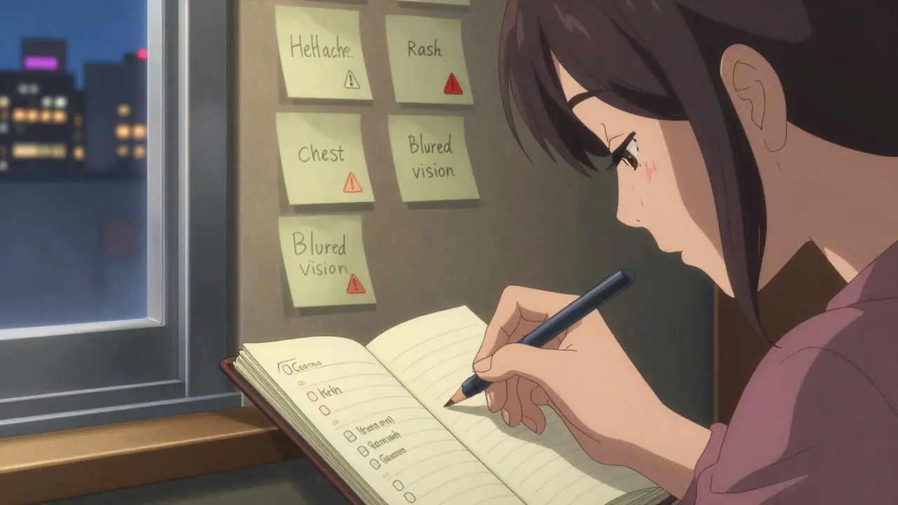 Nainen kirjoittaa tietoja lääkkeen valmistajasta muistiin lamppuvalossa.