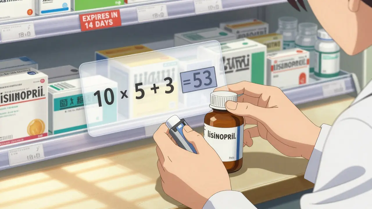 Pharmacist scanning a medication bottle with digital reorder calculation floating nearby, expired stock tag visible.
