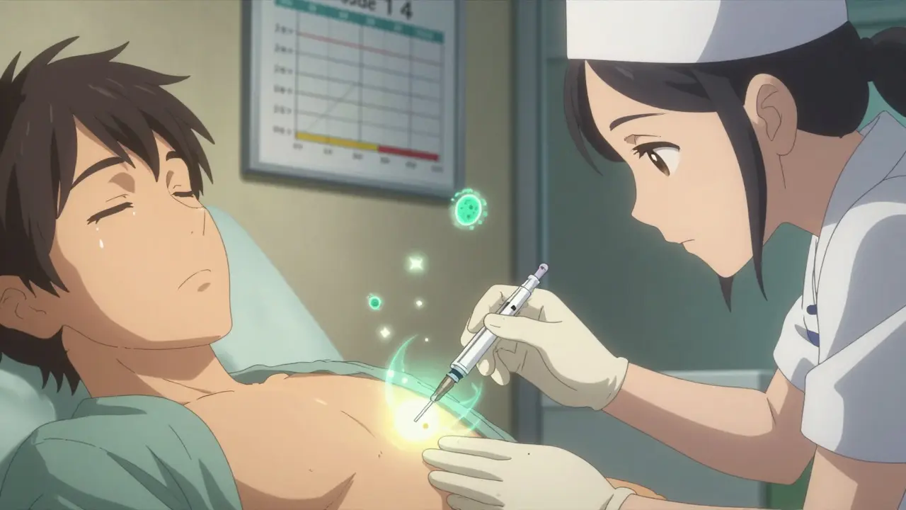 Sairaanhoitaja antaa oktreotiidi-injektion potilaalle.