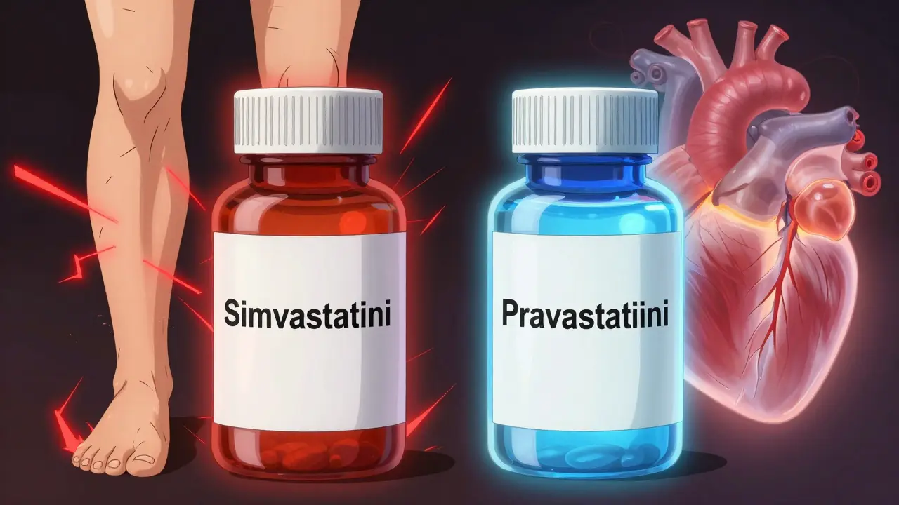Two pill bottles compared: simvastatiini with red warning lines, pravastatiini with blue protective glow.