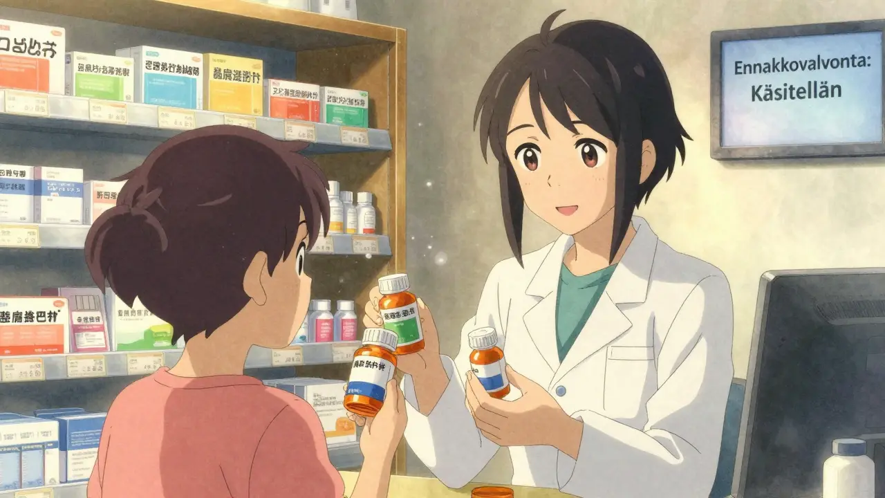 Apothekari näyttää brändilääkkeen ja generiikkojen eron potilaalle.
