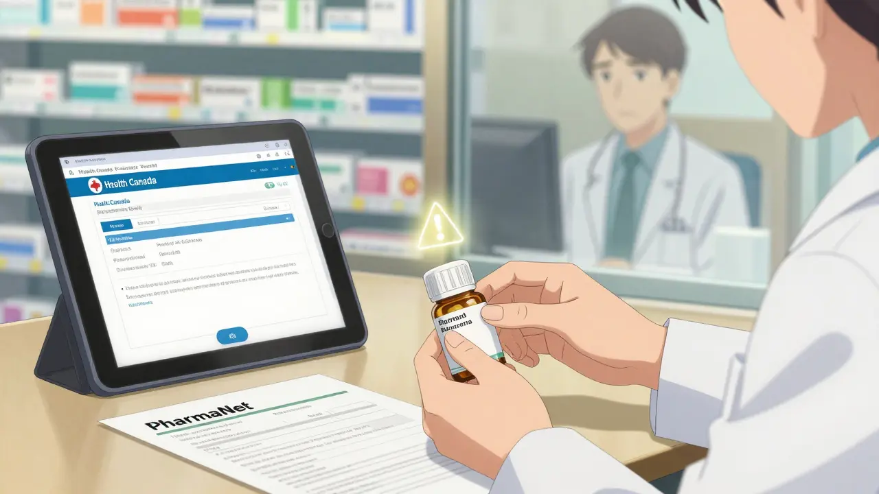 Apteekkari valmistaa generisen lääkkeen, jossa näkyy varoitusmerkki.