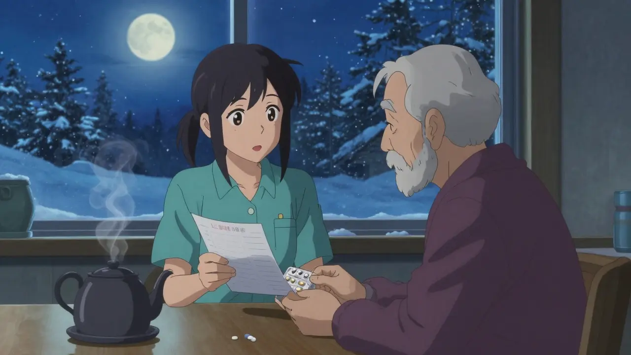 Hoitolähde ja vanha henkilö tarkistavat yhdessä lääkkeitä kotona.