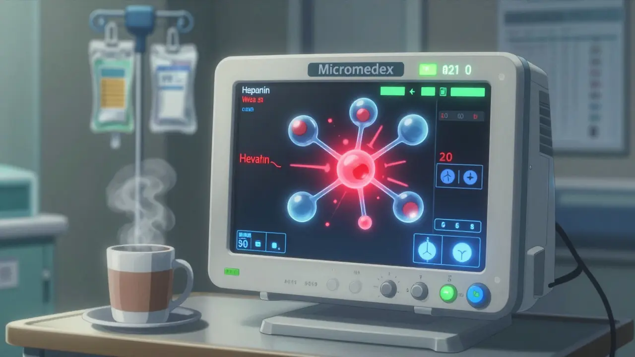 ICU monitor displaying molecular clash between heparin and warfarin with warning pulses.