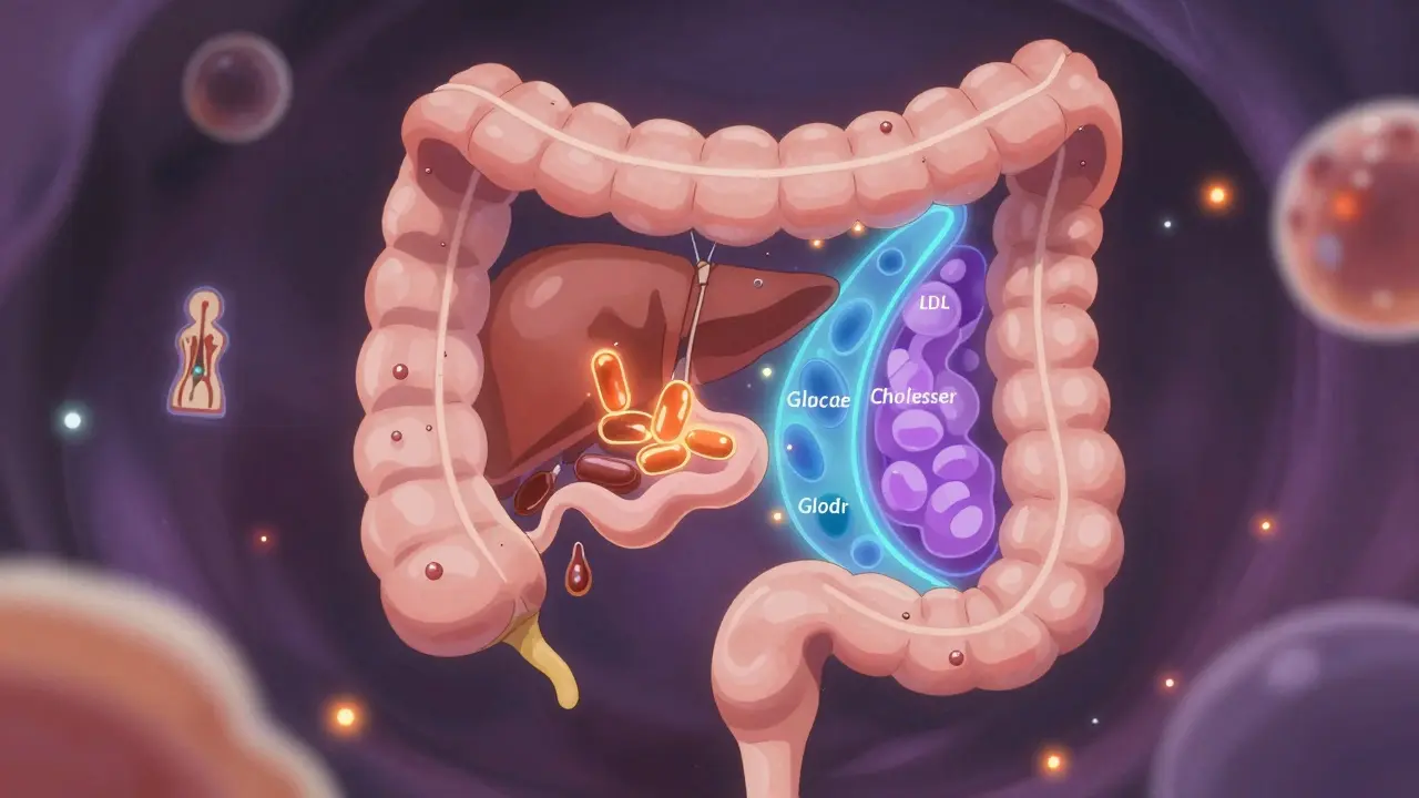 Ihmiselimistön suolakalvon sisäinen toiminta, jossa bilehappoja sitovat resinäiset hiukkaset.