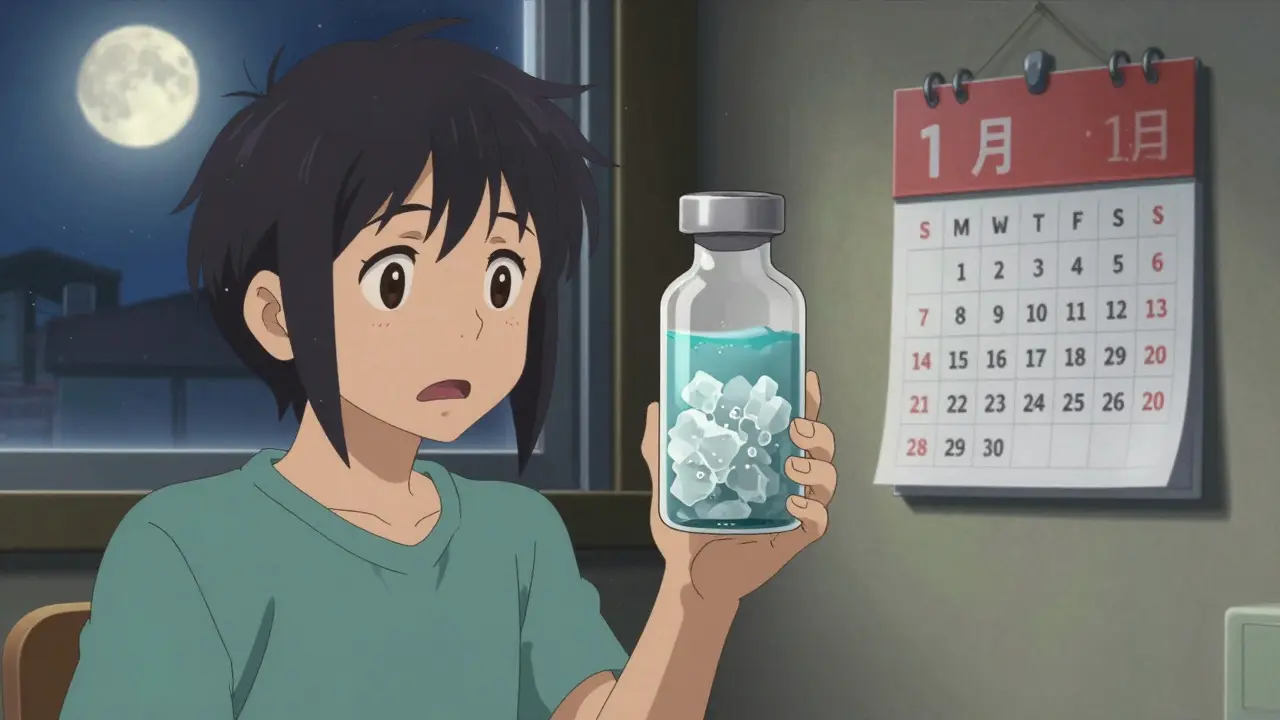 Insuliinipullo on muuttunut kiderakenteeksi, huoneessa kuuma valo ja tarkistettu päivämäärä.