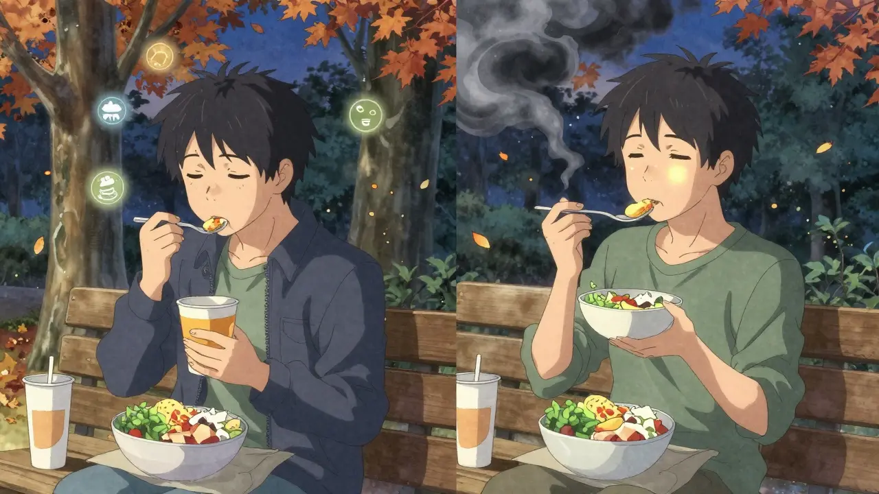 Kaksi ihmistä puolella puutarhassa: toinen syö prosessoitua ruokaa, toinen nauttii terveellisestä ateriasta, luonnonvalo ja satunnaiset kasvien muodot.