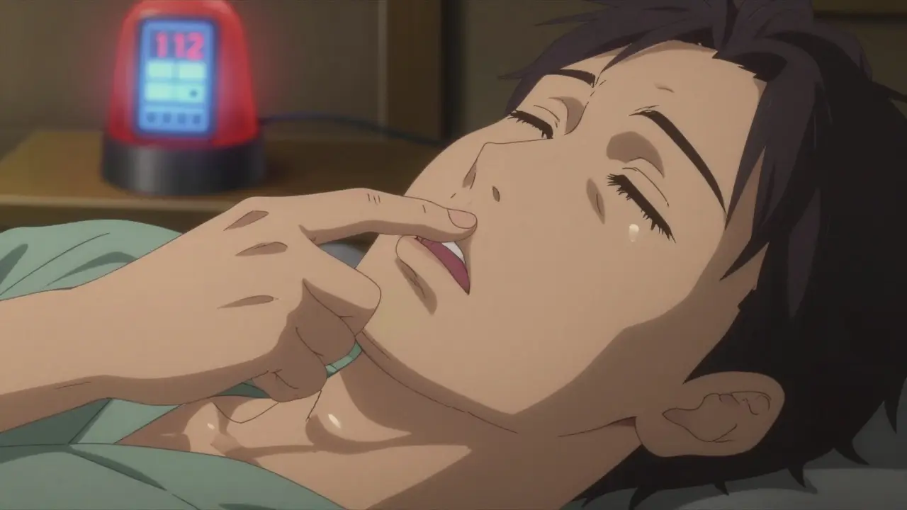 Kaksi kättä tekevät hengityksen tukemista, pää kallistettu taakse, puhelimen valo hehkuttaa.