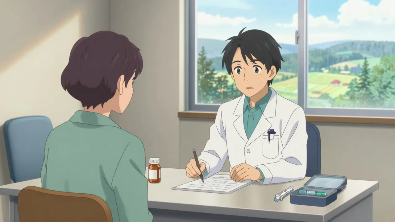 Lääkäri keskustelussa potilaan kanssa klinikalla