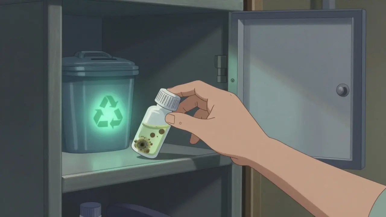 Lapsi ottaa vanhentuneen antibioottiliuoksen avoimesta pakkauksesta, pimeässä huoneessa.