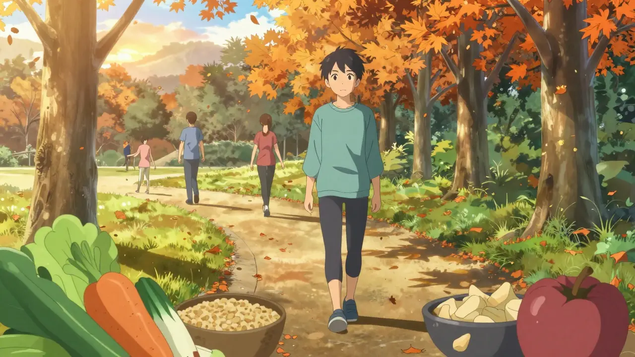 Nuori harrastamassa terveysliikuntaa syyspuiston polulla