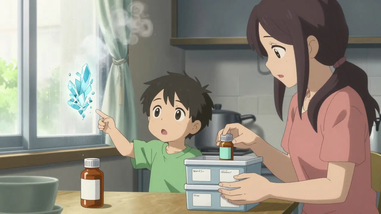 Perhe huomaa lääkkeen säästövirheen kylpyhuoneessa ja siirtää sen turvallisemmin.