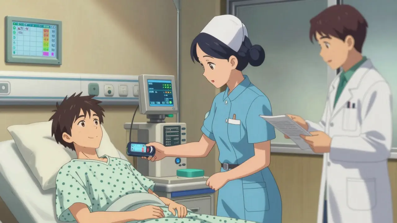 Sairaalassa hoitaja skannaa lääkkeitä käyttäen kooditarkistusjärjestelmää.