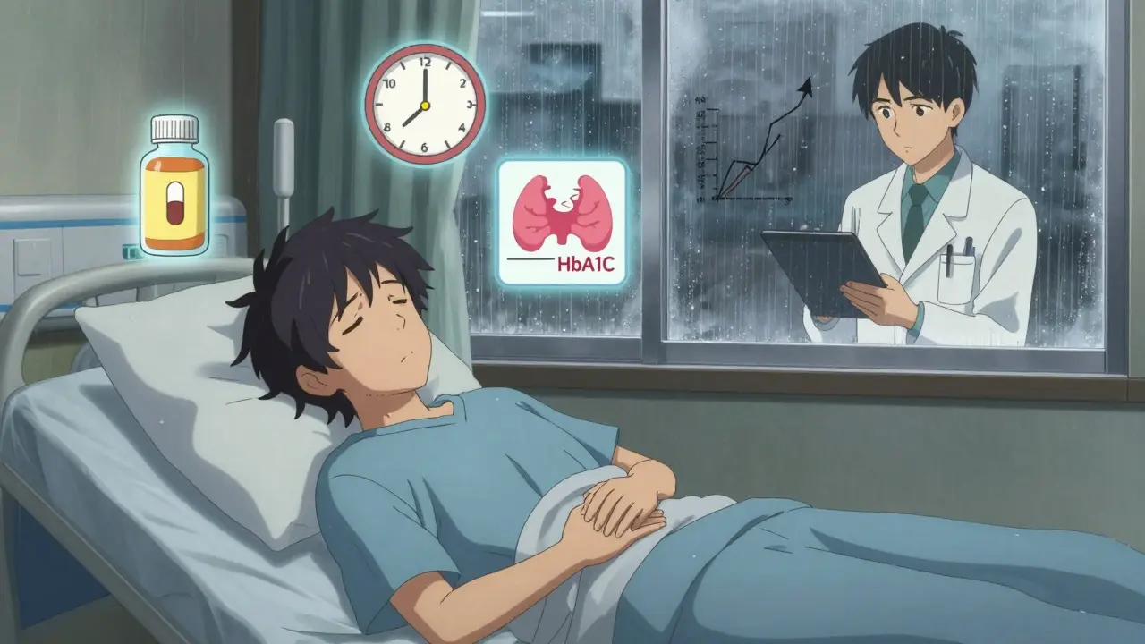 Sairaalavuoteella oleva potilas kokee vatsaongelmia, ympärillä lääkkeiden vuorovaikutusten symbolit.