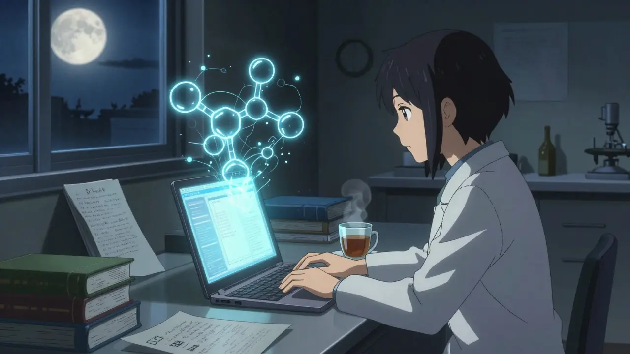 Scientist studying drug interactions on a laptop with glowing chemical pathways at night.