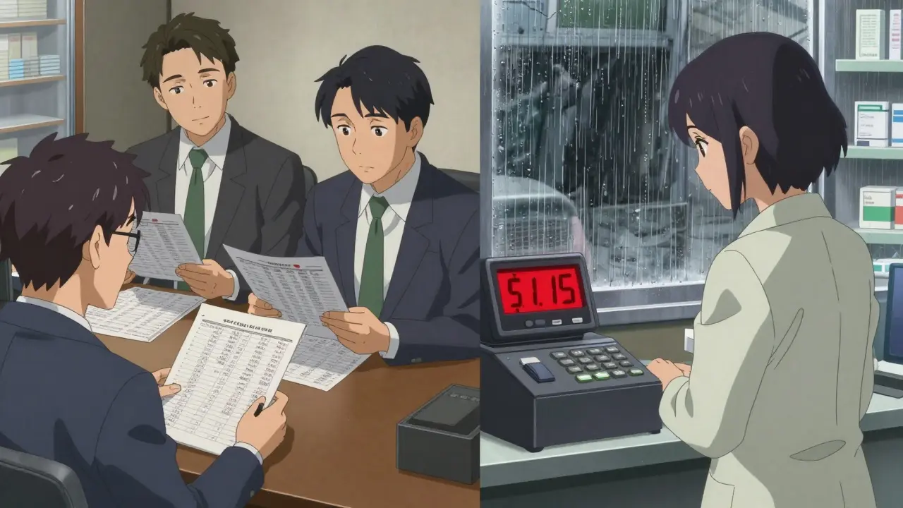 Small pharmacy owner staring at a cash register showing only 5 cents profit on a generic drug.