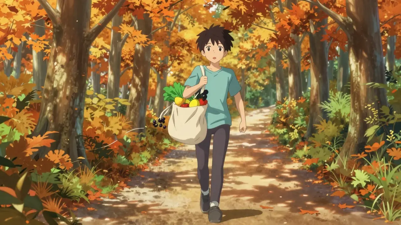 Sukupuinen henkilö kävelee metsässä terveyspussillineen