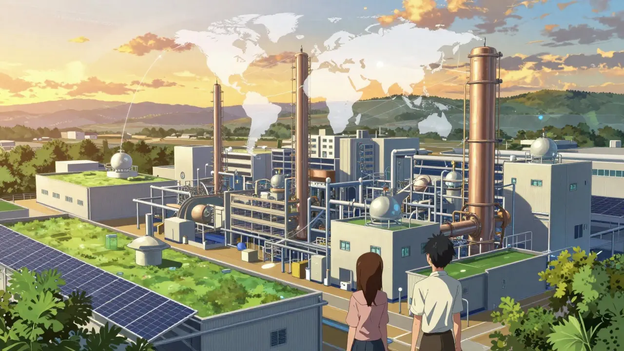 Tehdasmaisema luonnon keskellä kultaisen auringonvalon loisteessa.