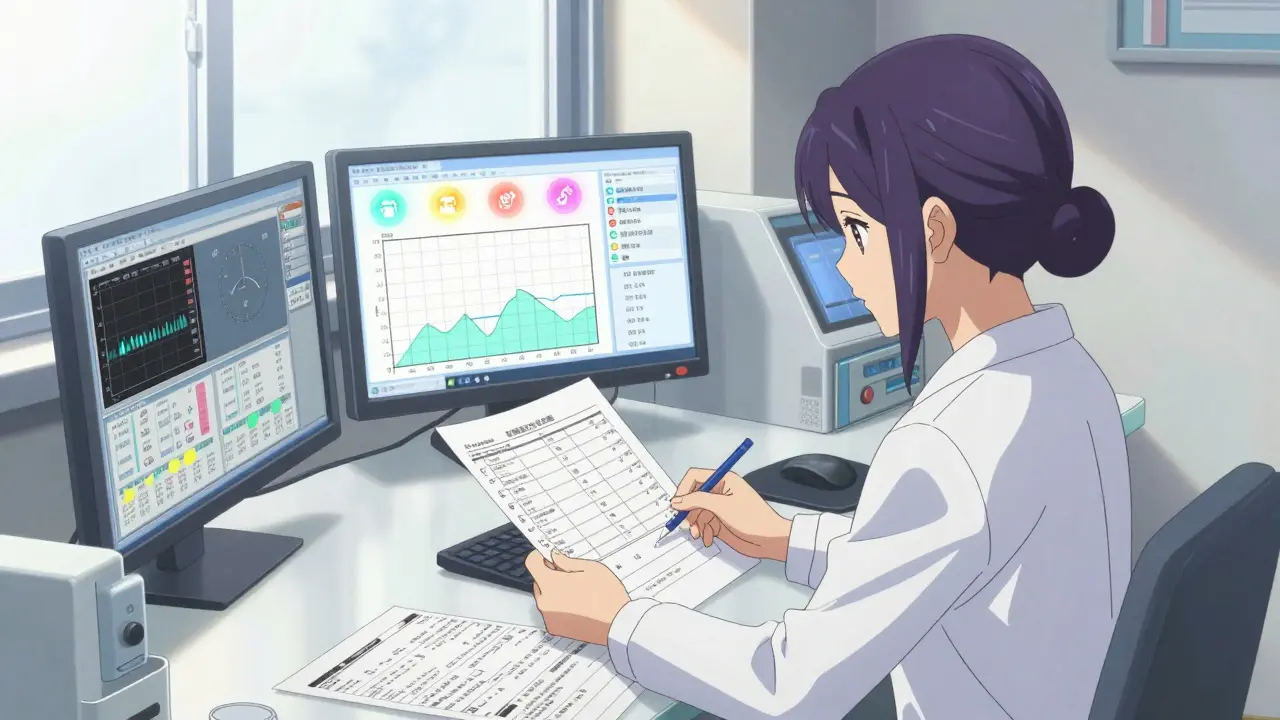 Terveydenhoitaja tarkastelee laboratoriotuloksia työpöydällä