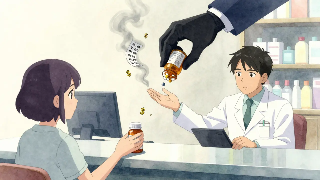 Three hands reaching for a pill bottle, symbolizing patient, pharmacist, and corporate interests.