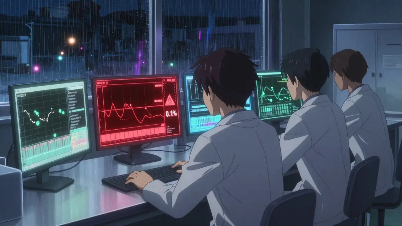 Tieteilijät tarkkailevat holograamisia analyysituloksia laboratoriossa.