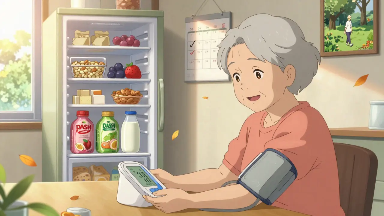 Vanha nainen tarkastaa verenpainemittaria, jäljellä jäävänä ruokakukkula täynnä DASH-ruokavaliota tukevia elintarvikkeita.