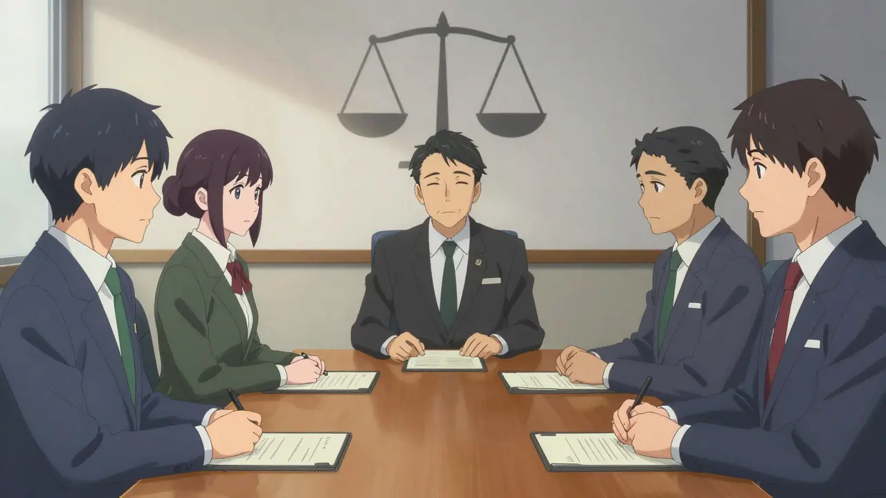 Viranomaiset ja edustajat neuvottelevat asioiden äärellä toimistohuoneessa.