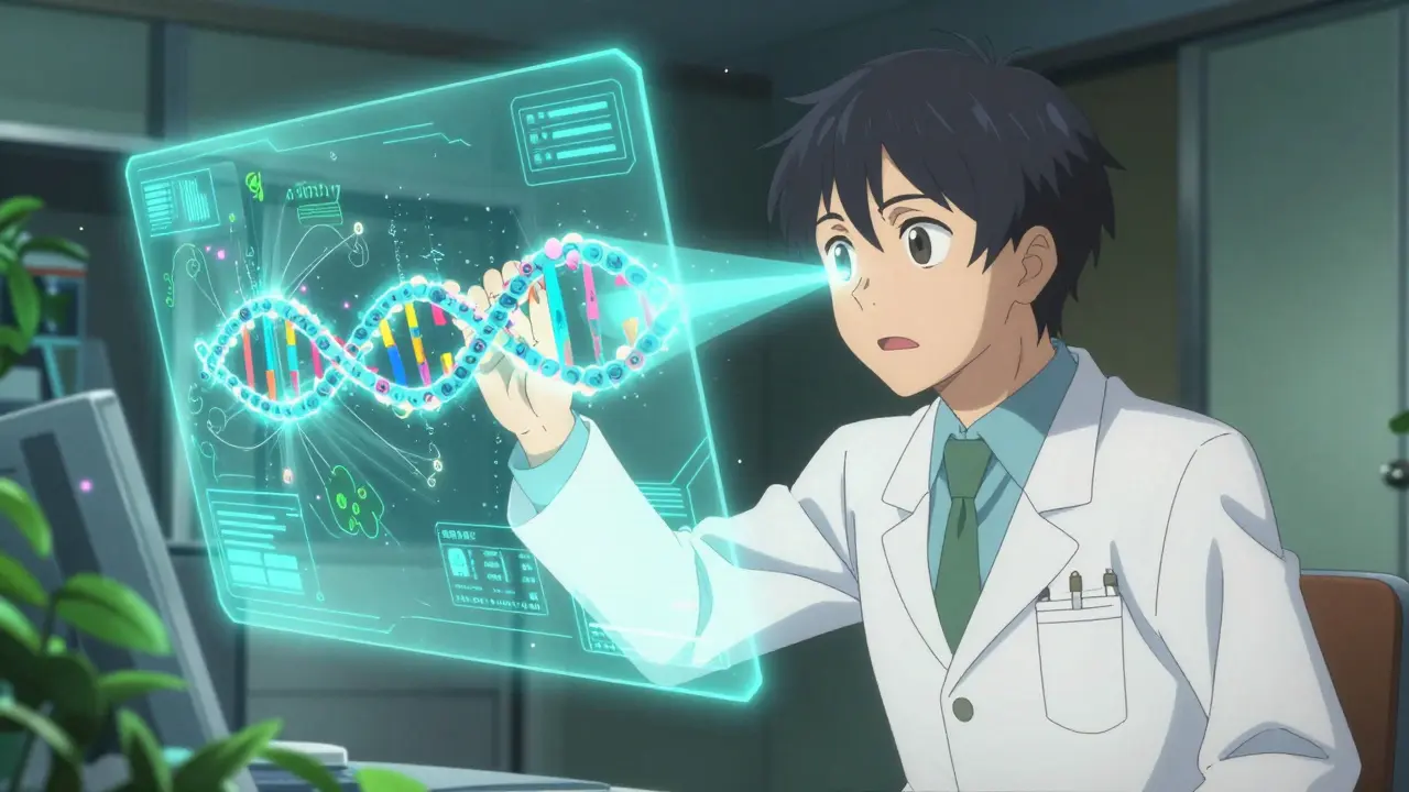 Anime-kuva tutkijasta käyttämässä futuristista CRISPR-teknologiaa viruksen perimän muokkaamiseen.