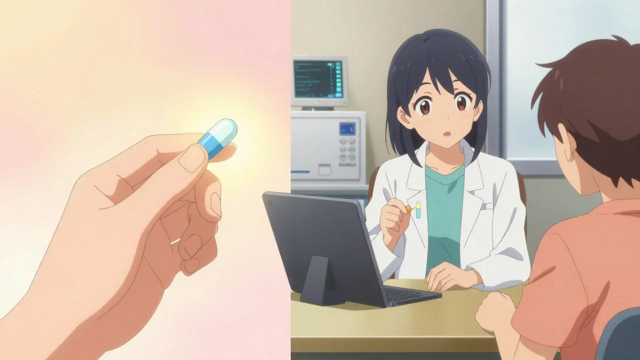 Anime-tyylinen näkymä lääkkeiden otosta ja lääkärin ja potilaan välisestä keskustelusta.