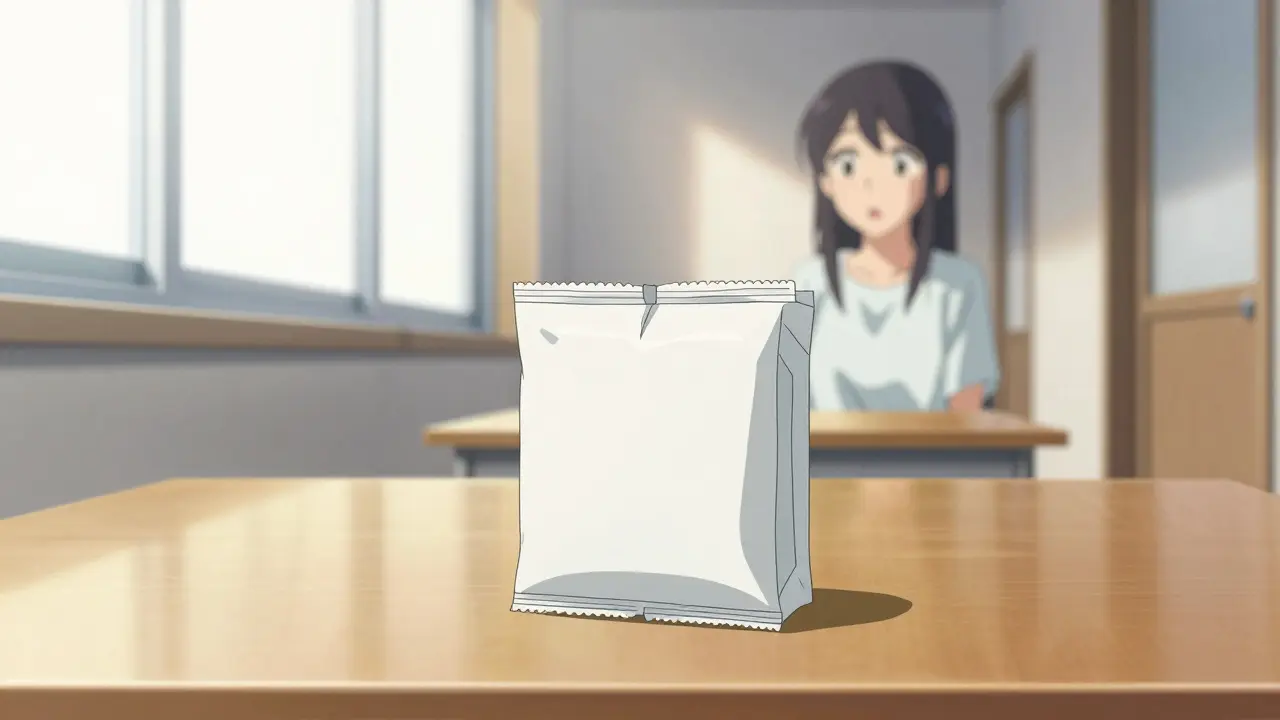 Diskreetissä pakkauksessa toimitettu lääke pöydällä valoisassa kodissa.