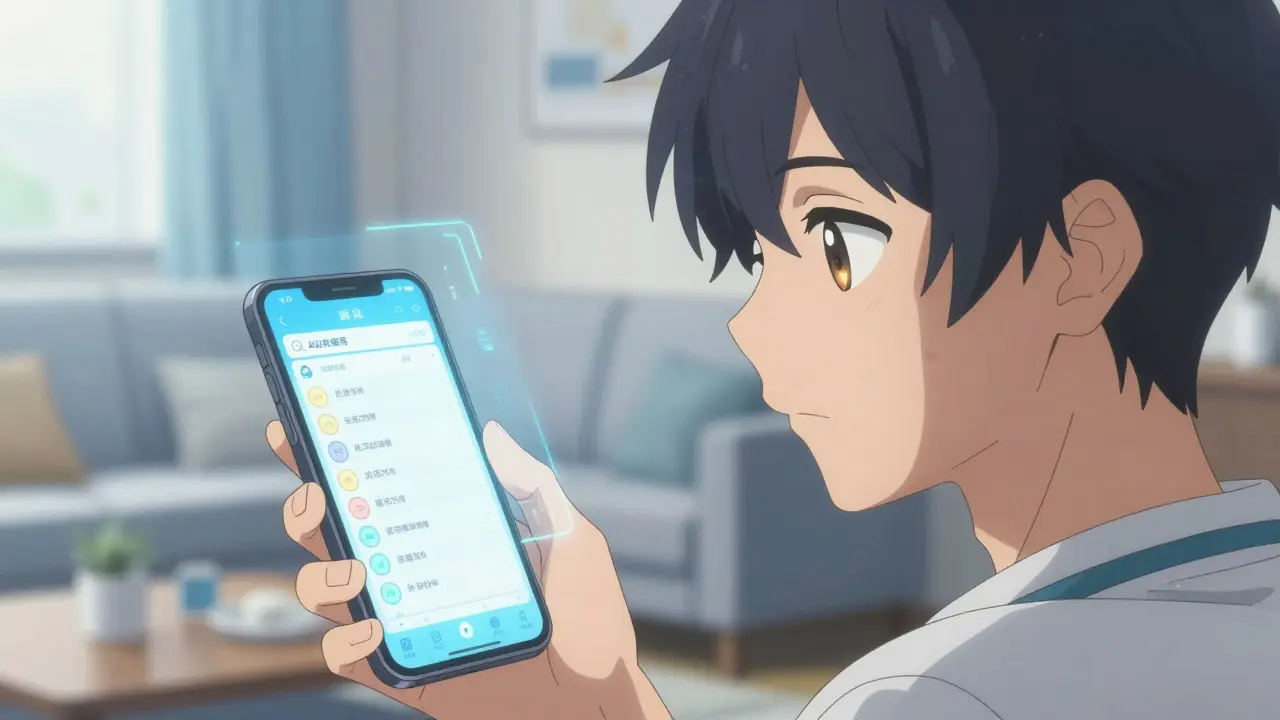 Henkilö tarkastelee lääkelistaa modernilla älypuhelimella.