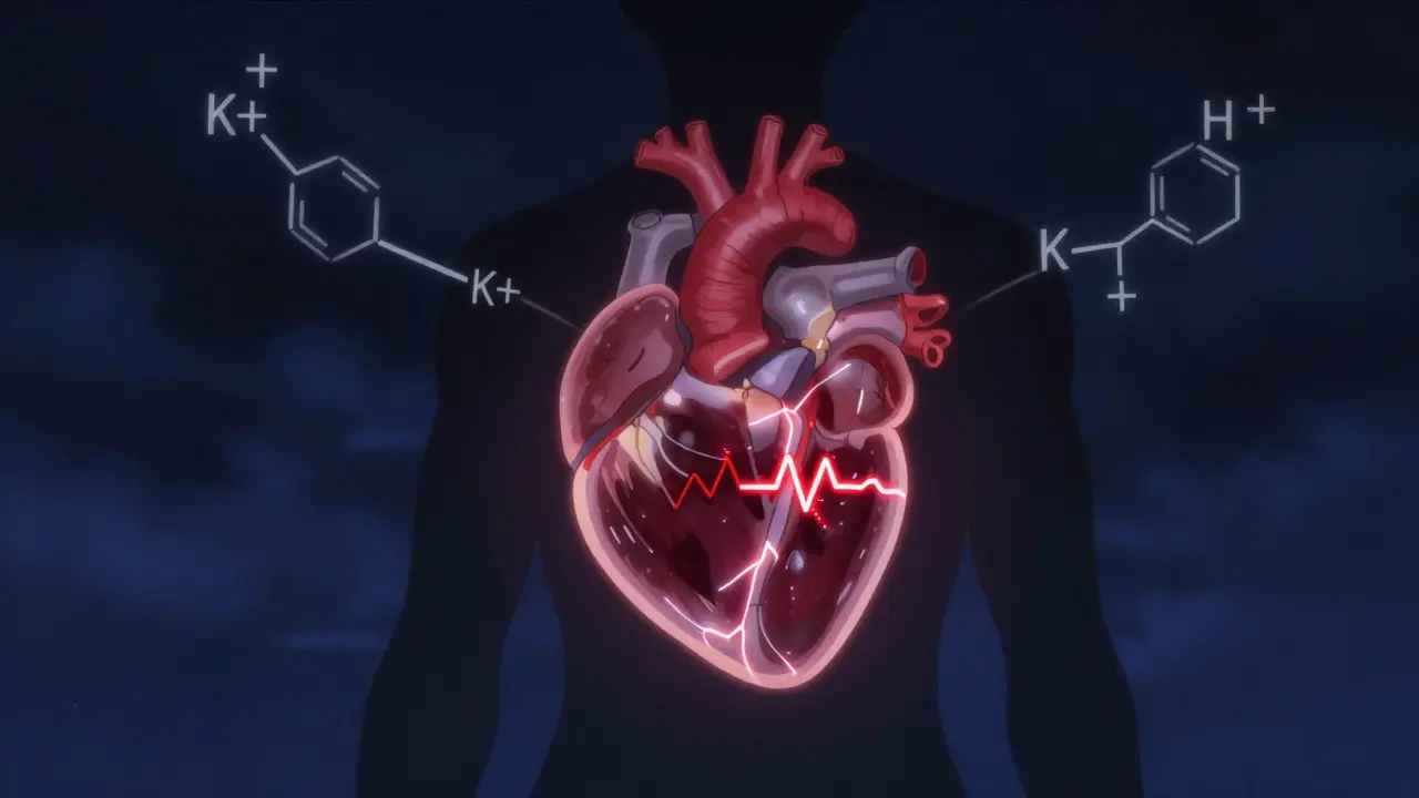 Kaavakuva sydämen rytmihäiriöistä ja kaliumin kertymisestä