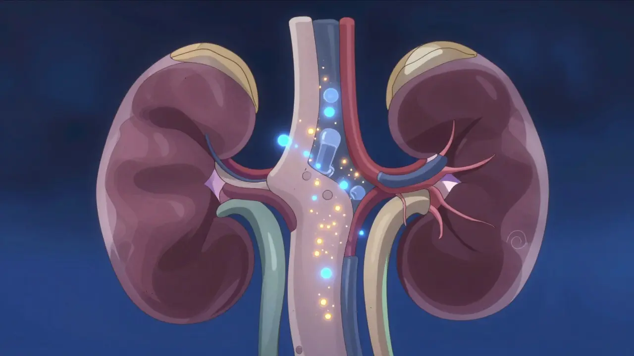 Käsitteellinen kuva munuaisten suodatuksesta ja lääkeaineiden kulusta veressä.