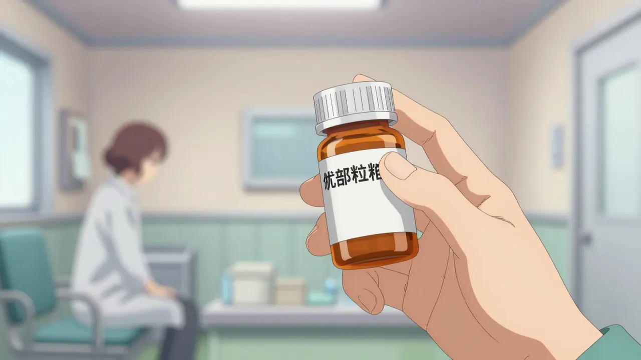 Lähikuva lääkepakkauksesta risteilylaivan terveyskeskuksessa anime-tyylillä.