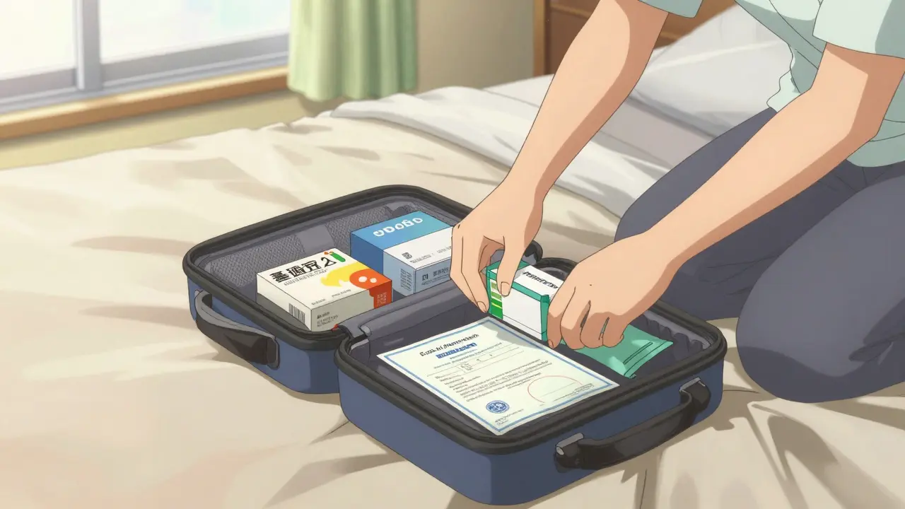 Matkustaja pakkaa lääkkeitä ja lääkärintodistusta matkaa varten anime-tyylillä.
