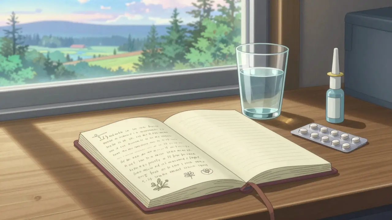 Oirepäiväkirja, lääkkeet ja nenäsuihke pöydällä rauhallisessa huoneessa.