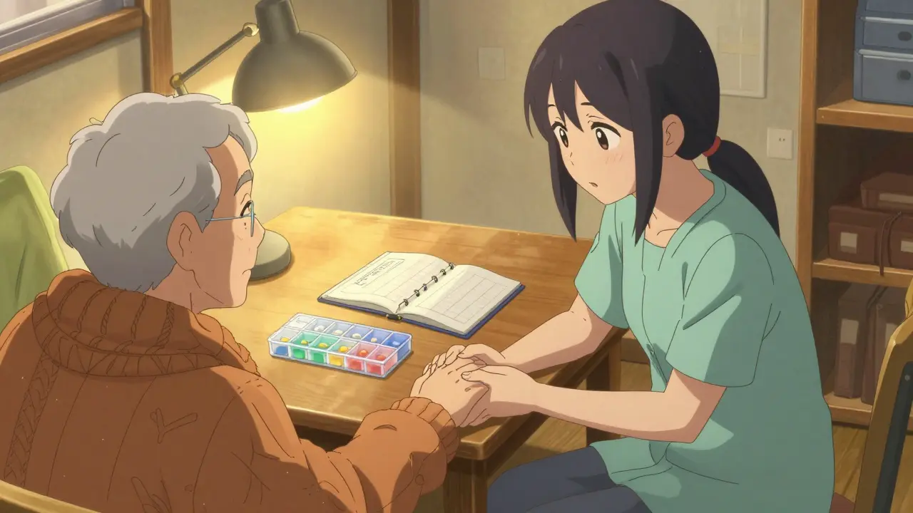 Omaishoitaja ja iäkäs läheinen lääkityksen parissa lämpimässä kotiluunnossa.