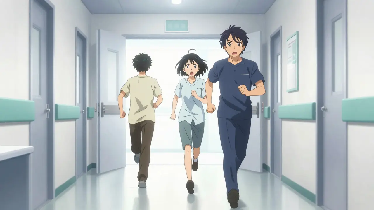 Potilas ja läheinen kiirehtivät sairaalan päivystykseen