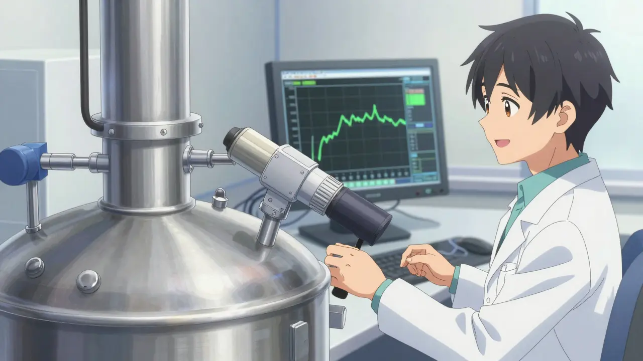 Reaaliaikainen laadunvalvontalaite ja tyytyväinen tutkija lääkevalmistuksessa.