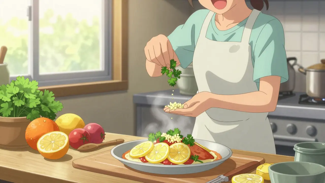 Tuoreita yrttejä ja sitruunaa ruoan maustamiseen keittiössä