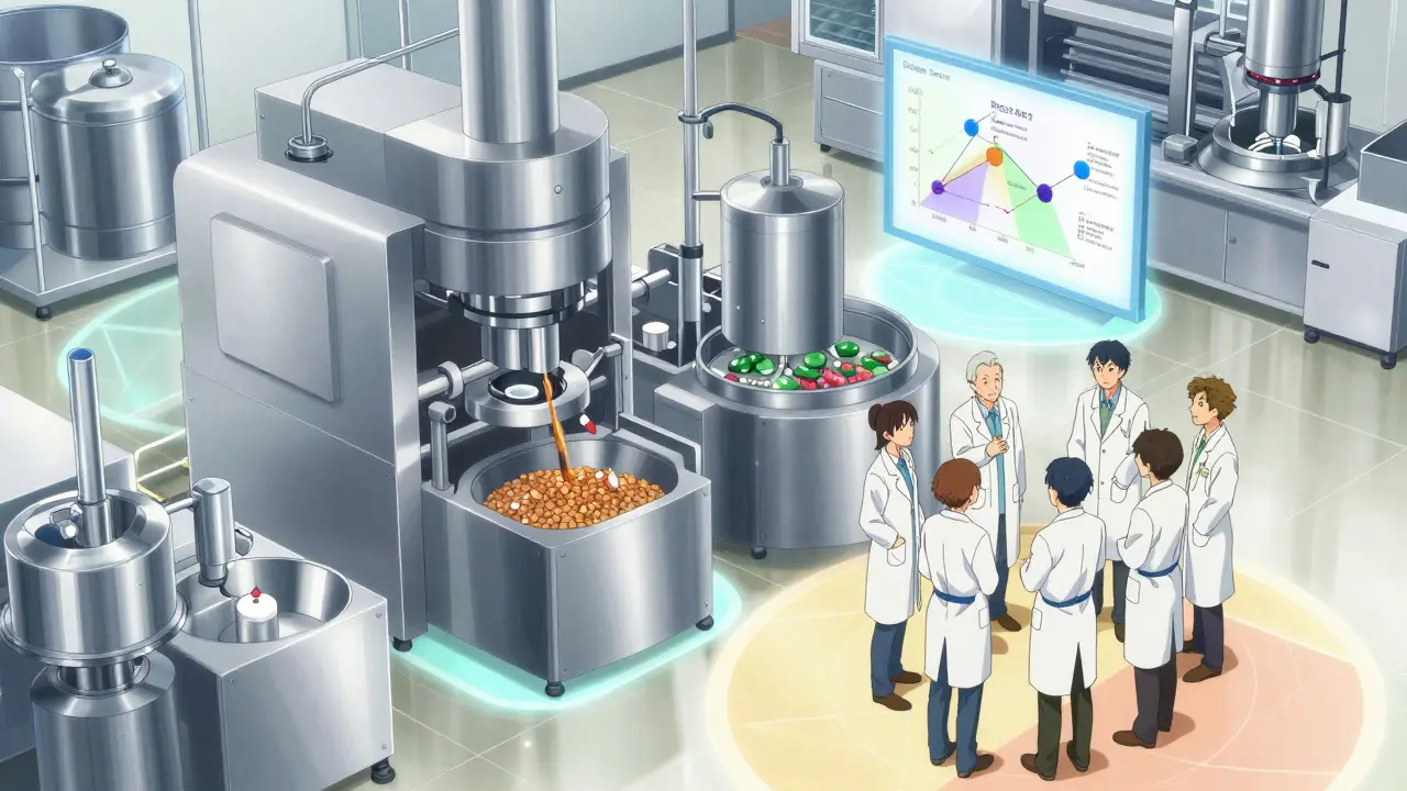 Tutkijatiimi tarkastelee lääkevalmistuksen suunnittelutilaa modernissa laboratoriossa.