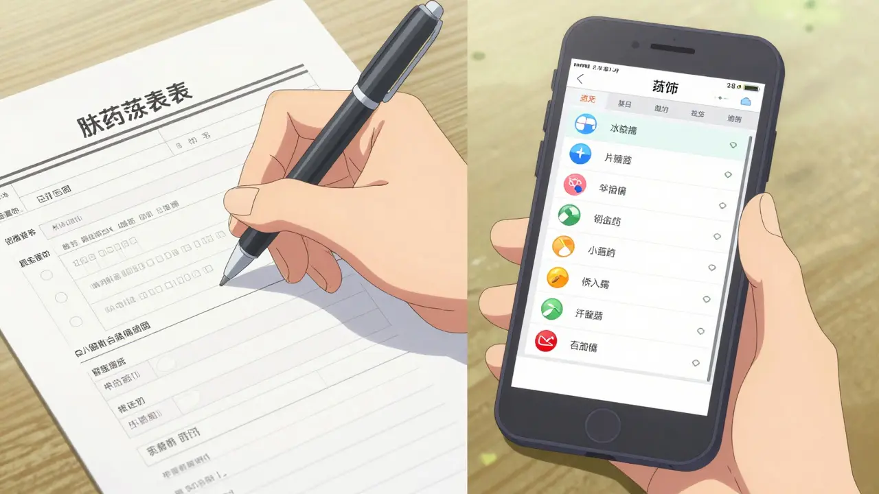 Vertailu paperisen lääkelistan ja digitaalisen sovelluksen välillä.