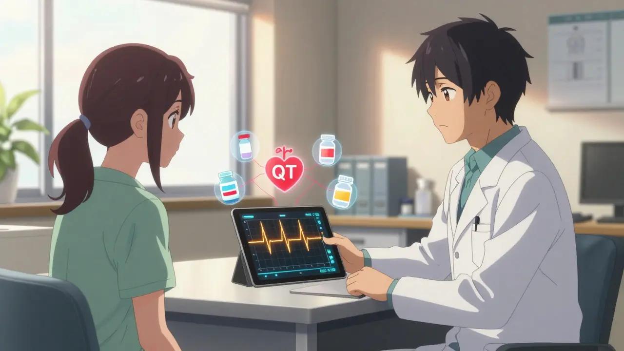 Lääkäri ja potilas tarkastelevat tablettia, jossa näkyy EKG-käyrä ja lääkepullojen ikonit.