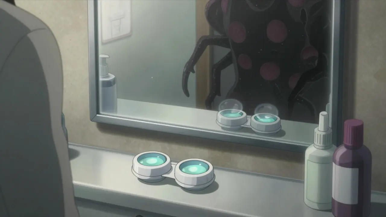 Piilolinssit ja peili, joissa varjossa bakteerit uhkaavat näköä anime-tyylissä.