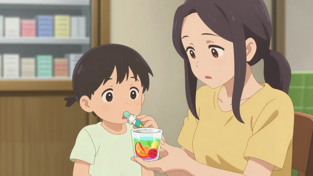 Kyoto Animation -tyylinen kohtaus, jossa huolissaan oleva äiti pitää lastaan kiinni, joka kieltäytyy nielemästä tablettia. Lääkäri tarjoaa värekkäitä, hedelmämakuisia nestemäisiä lääkkeitä. Tausta on kodikas ja pehmeästi valaistu. Tunteellinen tarinankerronta ja hellävaraiset värit.