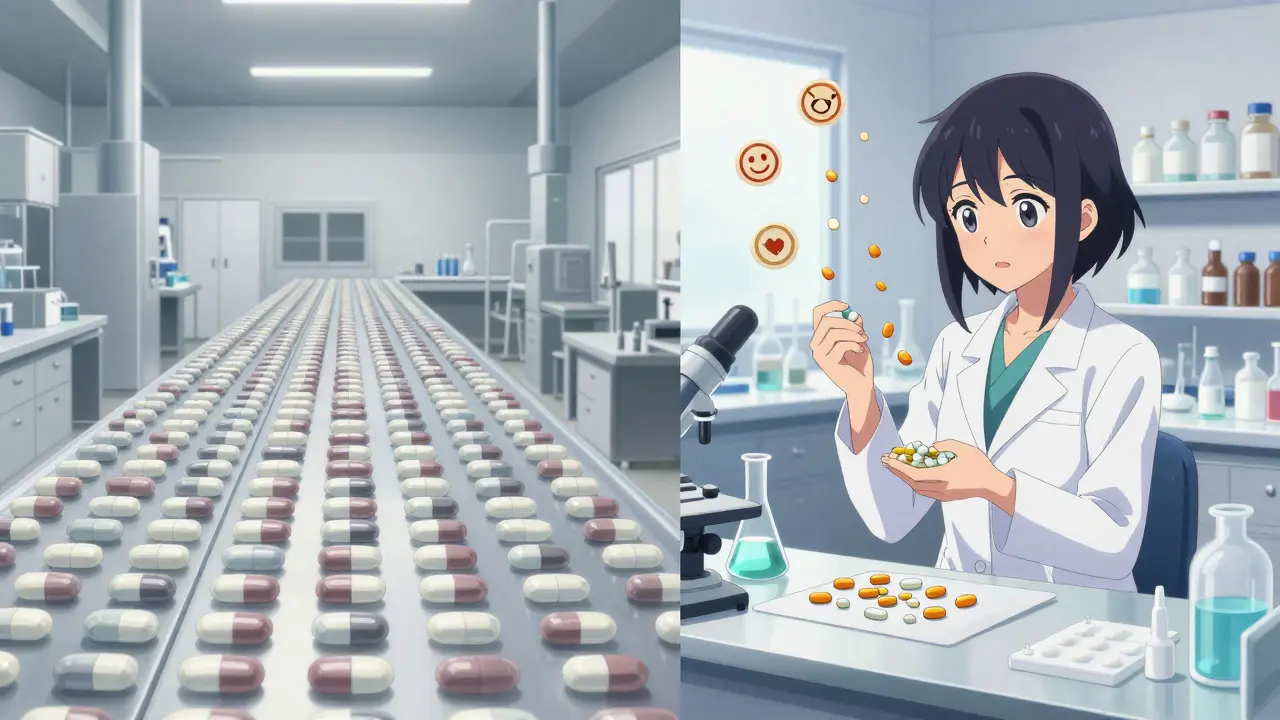 Kyoto Animation -tyylinen konseptitaide, joka vertaa massatuotantoa räätälöityyn hoitoon. Vasemmalla kylmä tehdasrivi, oikealla valoisa laboratorio, jossa apteekkari poistaa allergioiden aiheuttajat. Oikea puoli on värikäs ja kutsuva. Symbolinen esitys personifioituneesta hoidosta.