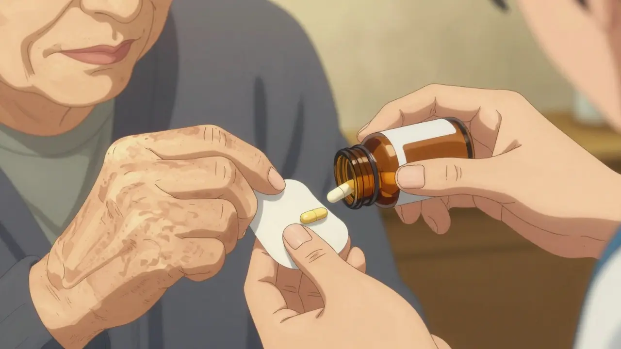 Kyoto Animation -tyylinen lähikuva vanhuksen kädestä, joka kamppailee tavallisen lääkepullo kanssa, mutta saa sen sijaan pehmeän kapselin tai ihon läpi imeytyvän geelin. Valaistus on lämmin ja kultainen. Keskittyminen ihojen tekstuuriin ja vuorovaikutuksen hellyyteen. Ilmeissä näkyy helpotus ja luottamus.
